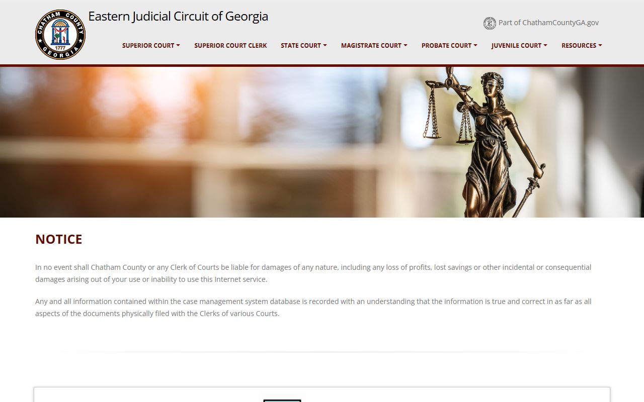 Chatham County Court System homepage with case lookup and court proceedings search