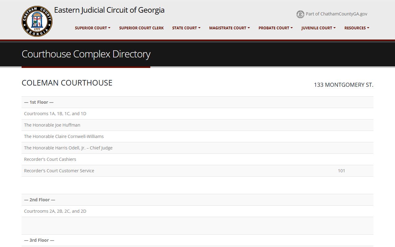 Chatham County courthouse complex directory listing court offices, judges, and clerks