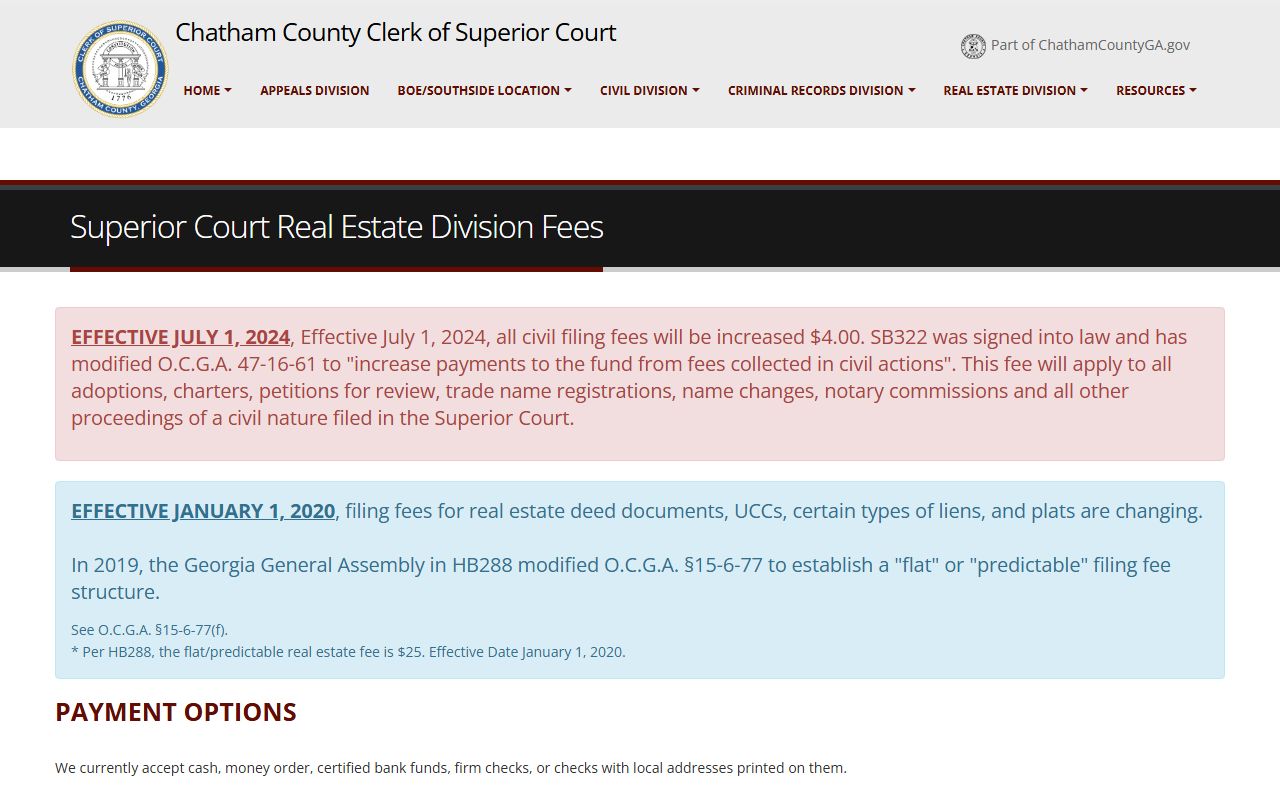 Chatham County Superior Court Clerk real estate filing fee page with HB 288 flat fee and payment methods