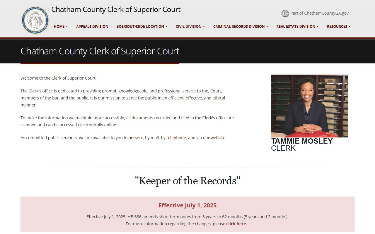 Chatham County Superior Court Clerk homepage linking case lookup, eFile Georgia, and eCertification