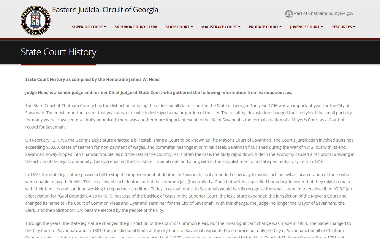 Chatham County State Court history page tracing the court to the Mayor's Court of Savannah created in 1796