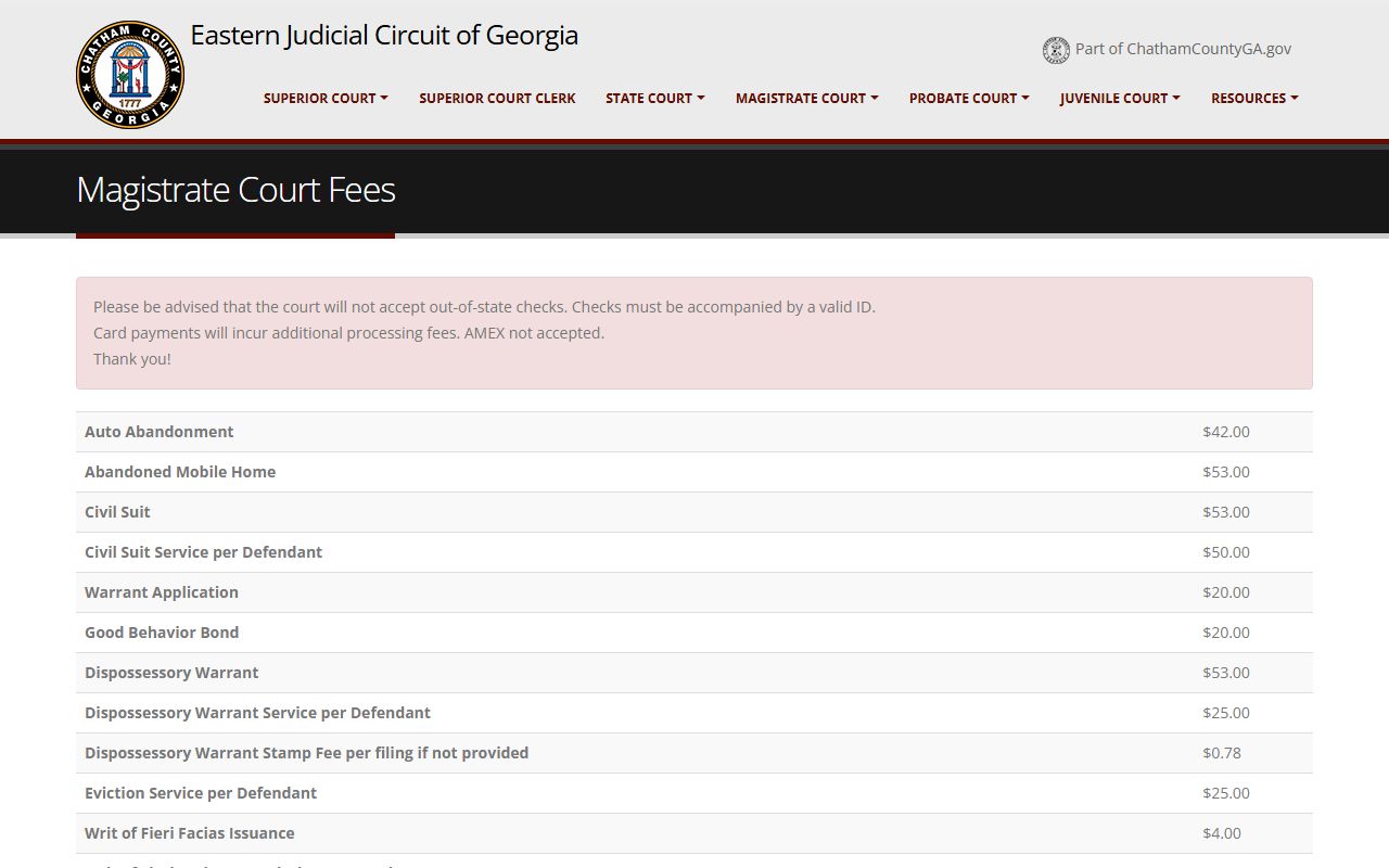 Chatham County Magistrate Court fee page listing civil suit, dispossessory, warrant, garnishment, FIFA, subpoena, and certified copy fees