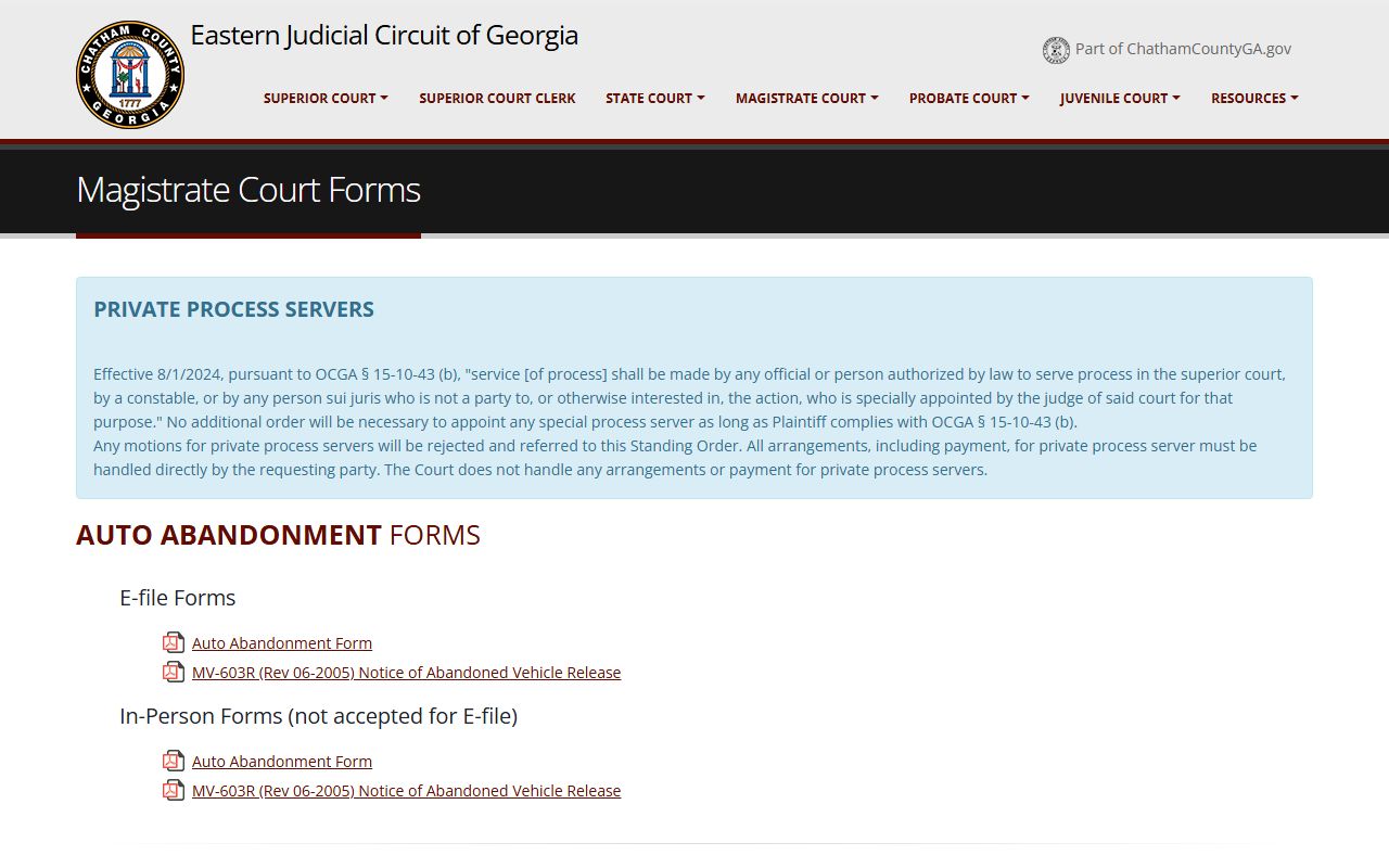 Chatham County Magistrate Court forms page covering warrant applications for a Chatham County warrant search