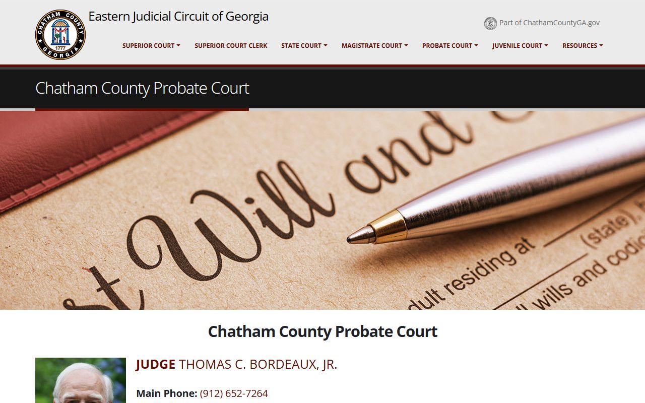 Chatham County Probate Court homepage with judge, address, hours, and Article 6 jurisdiction