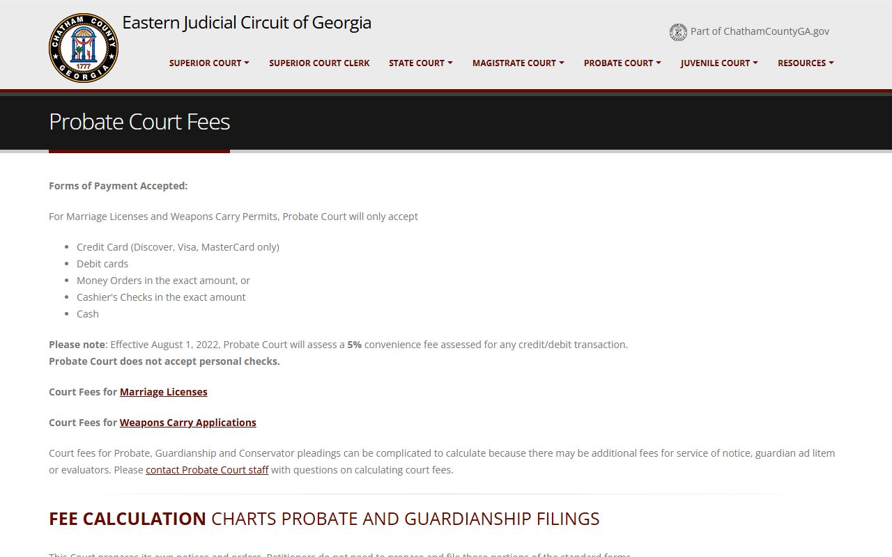 Chatham County Probate Court fees page with accepted payment methods