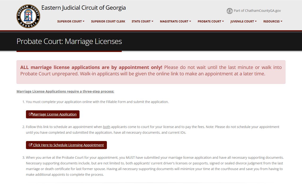 Chatham County Probate Court marriage license workflow, appointment, application, eligibility, and fee page