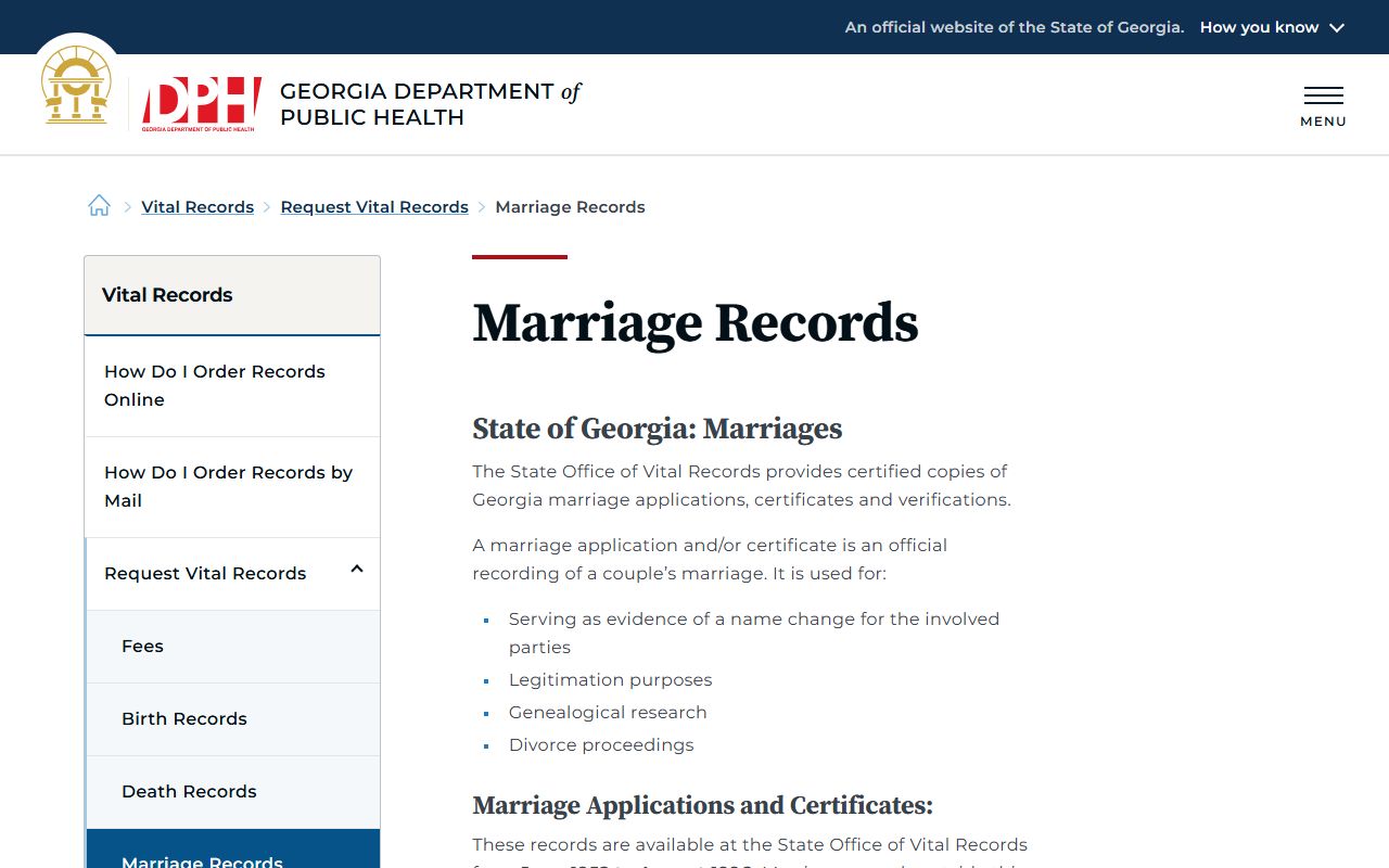Georgia Department of Public Health marriage records request page for Chatham County vital records