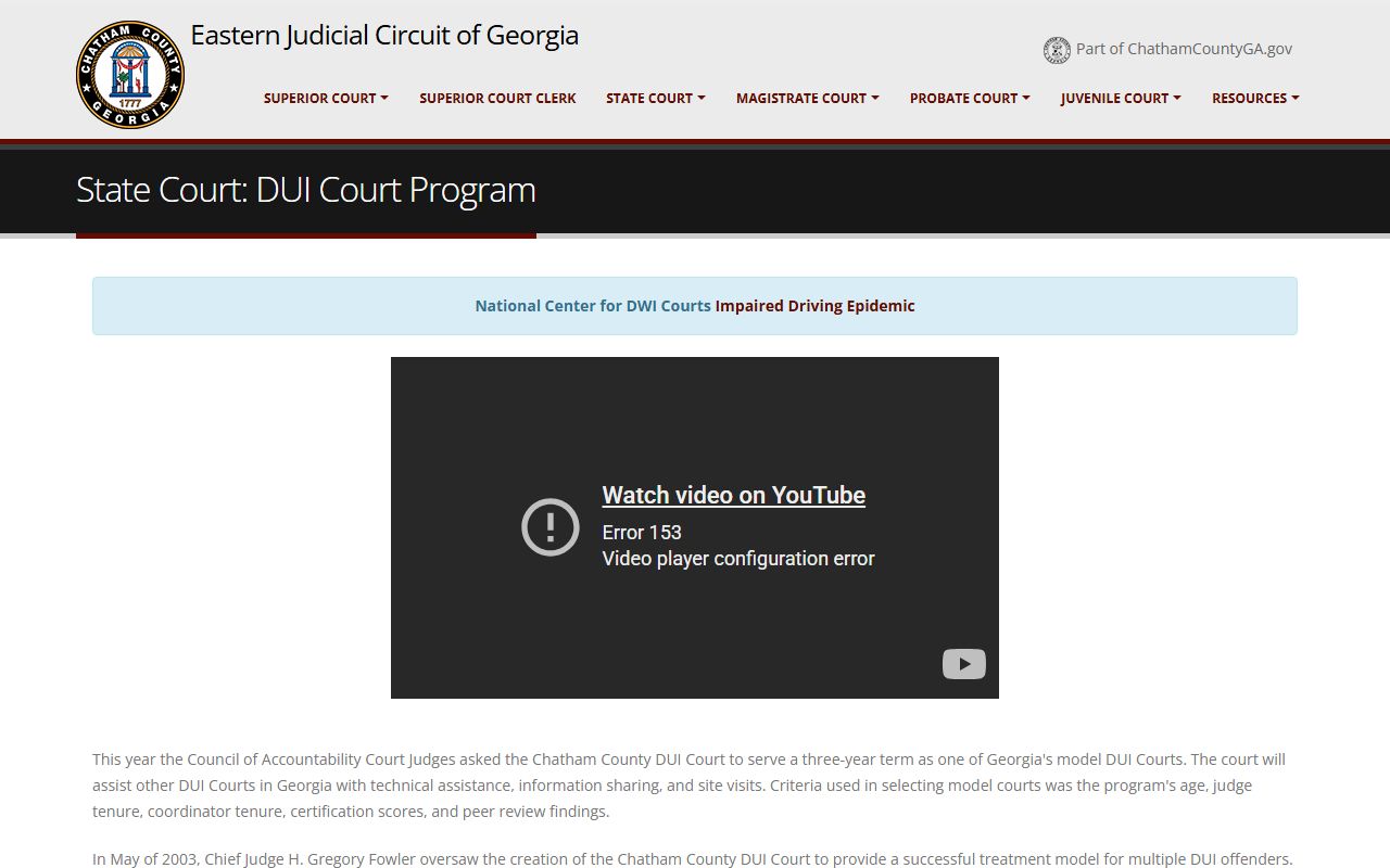 Chatham County State Court DUI Court program page with eligibility, phases, judge, coordinator, and outcomes