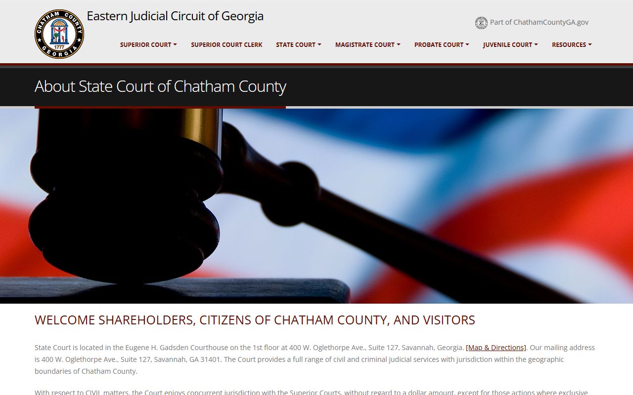 Chatham County State Court page explaining civil, criminal, misdemeanor, traffic, and case-lookup practices