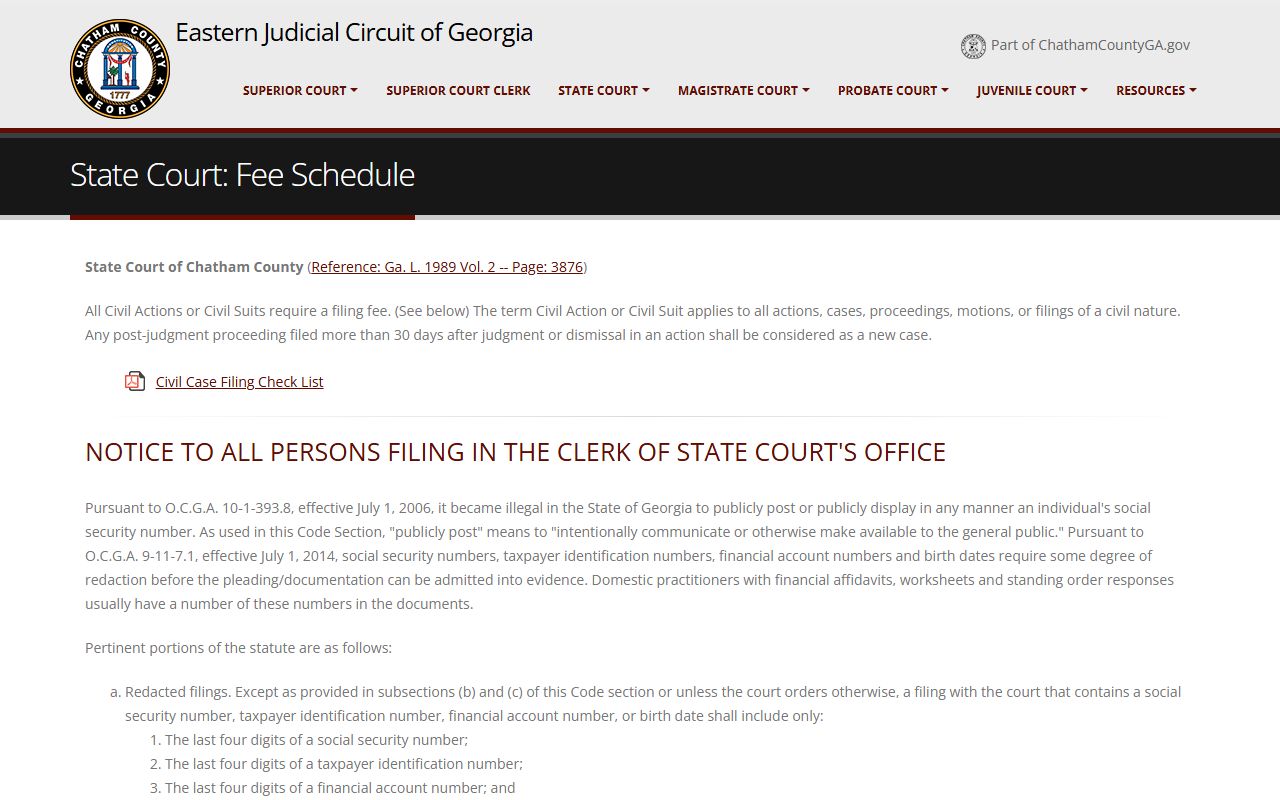 Chatham County State Court fee schedule and notices on public records and statutory references