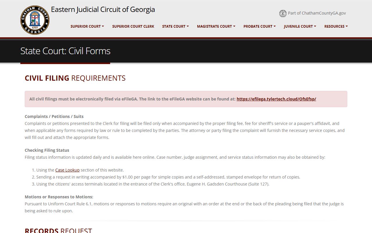 Chatham County State Court civil forms page with eFileGA instructions, records request link, and civil forms
