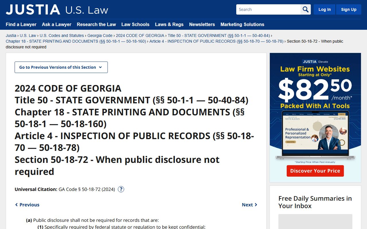 Official Georgia code text for O.C.G.A. 50-18-72 public records exemptions used in Chatham County
